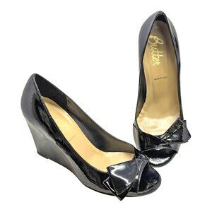 NEW  Butter Black Patent Leather Open Toe Side Bow Wedge Pumps